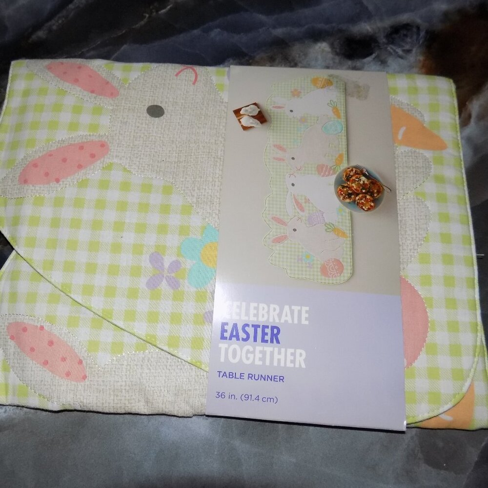 Celebrate Easter Together Plaid Easter Egg/Bunnies 36” Table Runner NEW